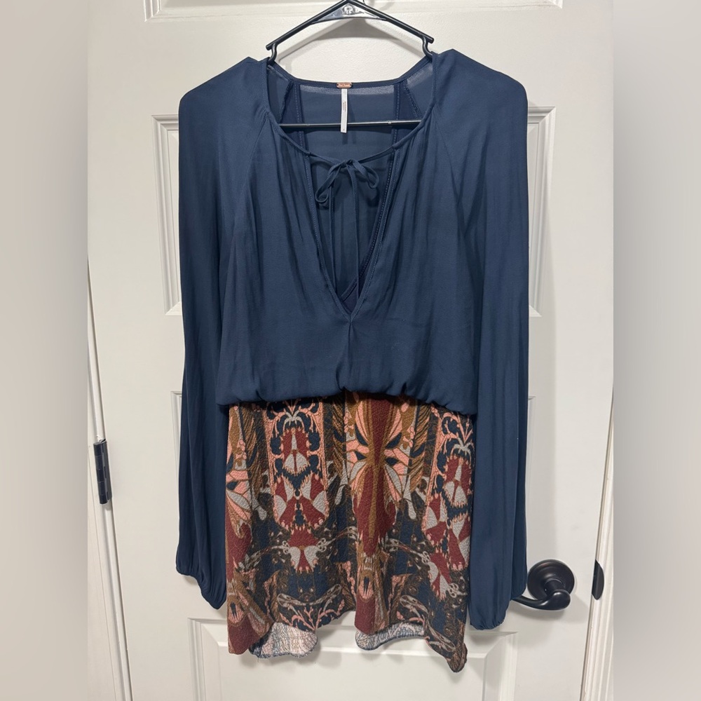 Free People Mixed Media Mini Dress Navy Blue Boho Tapestry Skirt Size 4
